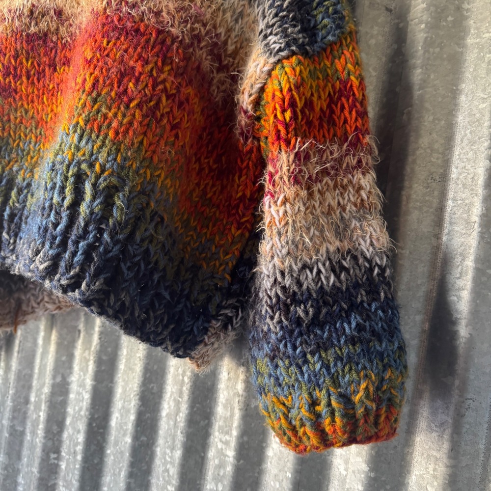 Hand Knit Chunky Stripe Sweater Oversized Crop Rainbow Large Pullover handmade - Picture 14 of 15